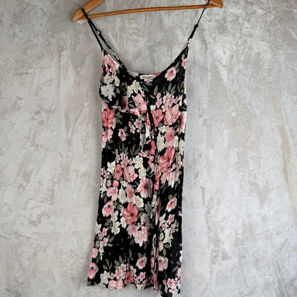 Billabong Womens Black Pink Floral Ruffle Mini Dress Small Adjustable Straps